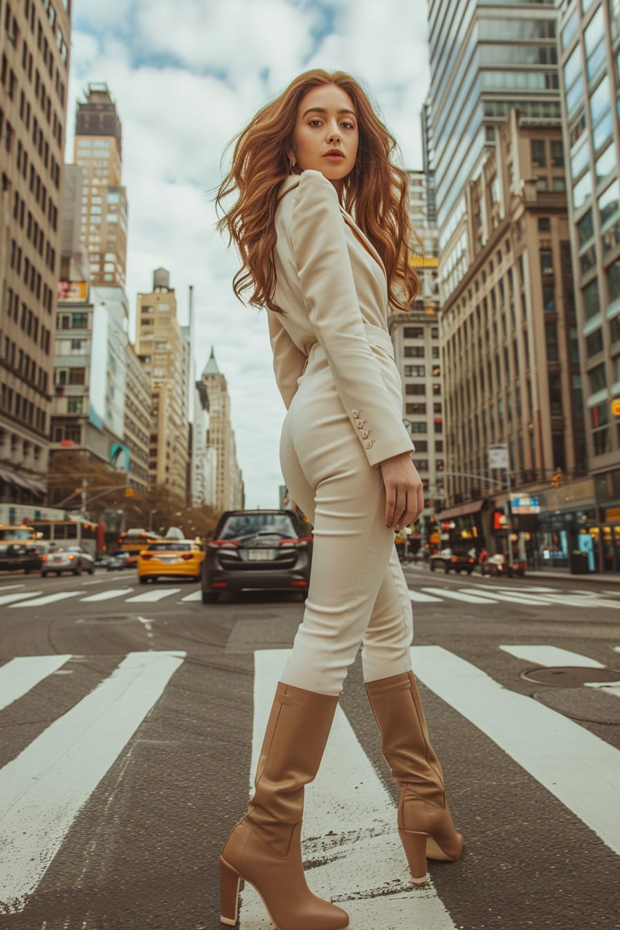 A full-length image of a young woman with wavy, auburn hair, wearing tailored, light beige trousers and sleek, tan leather knee-high boots. She's walking across a pedestrian crosswalk in a city, with the hustle and bustle of early evening around her.