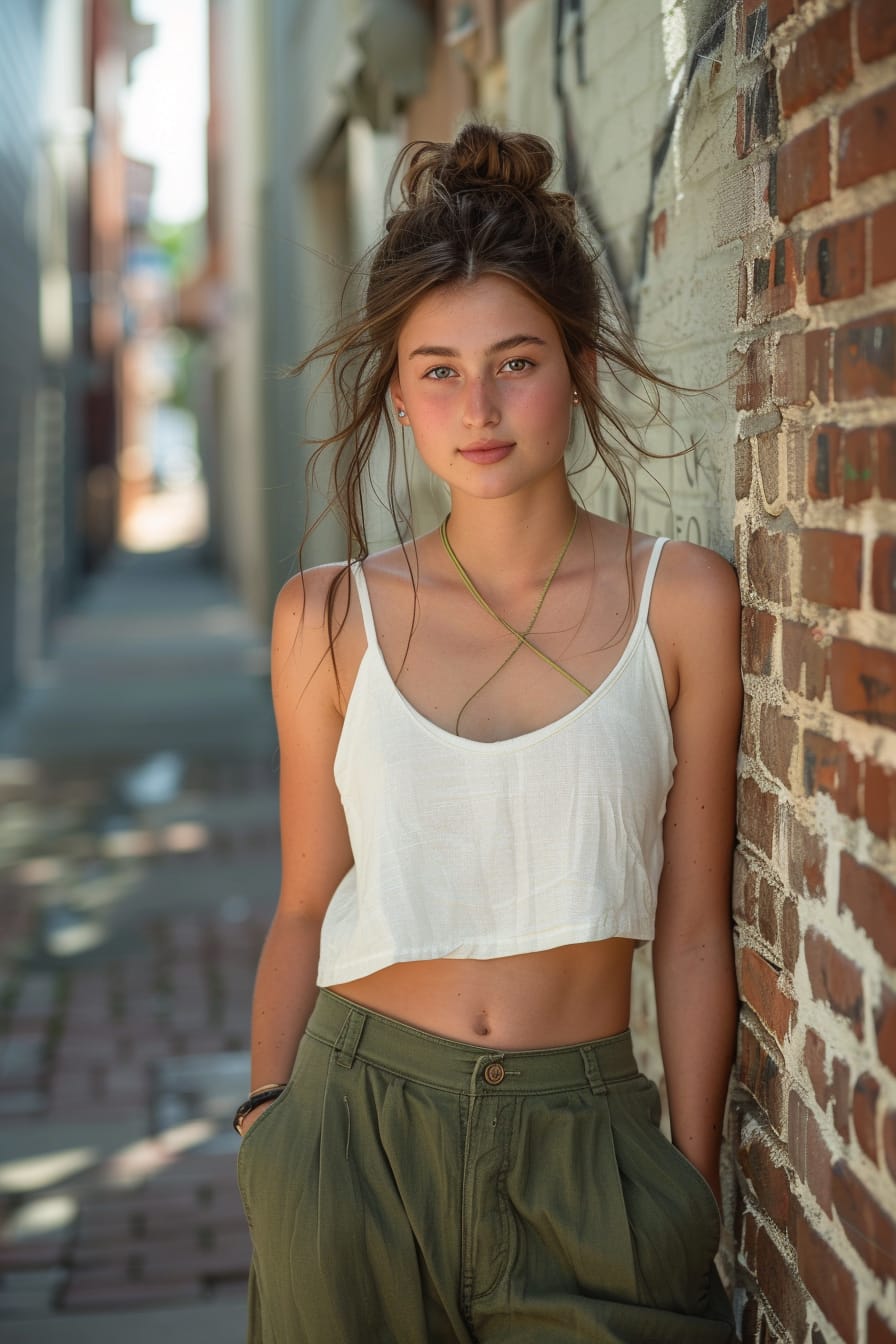  A full-length image of a young woman with a messy bun, wearing olive green linen pants and a simple white tank top, leaning against a brick wall in an urban alley, soft sunlight filtering through.