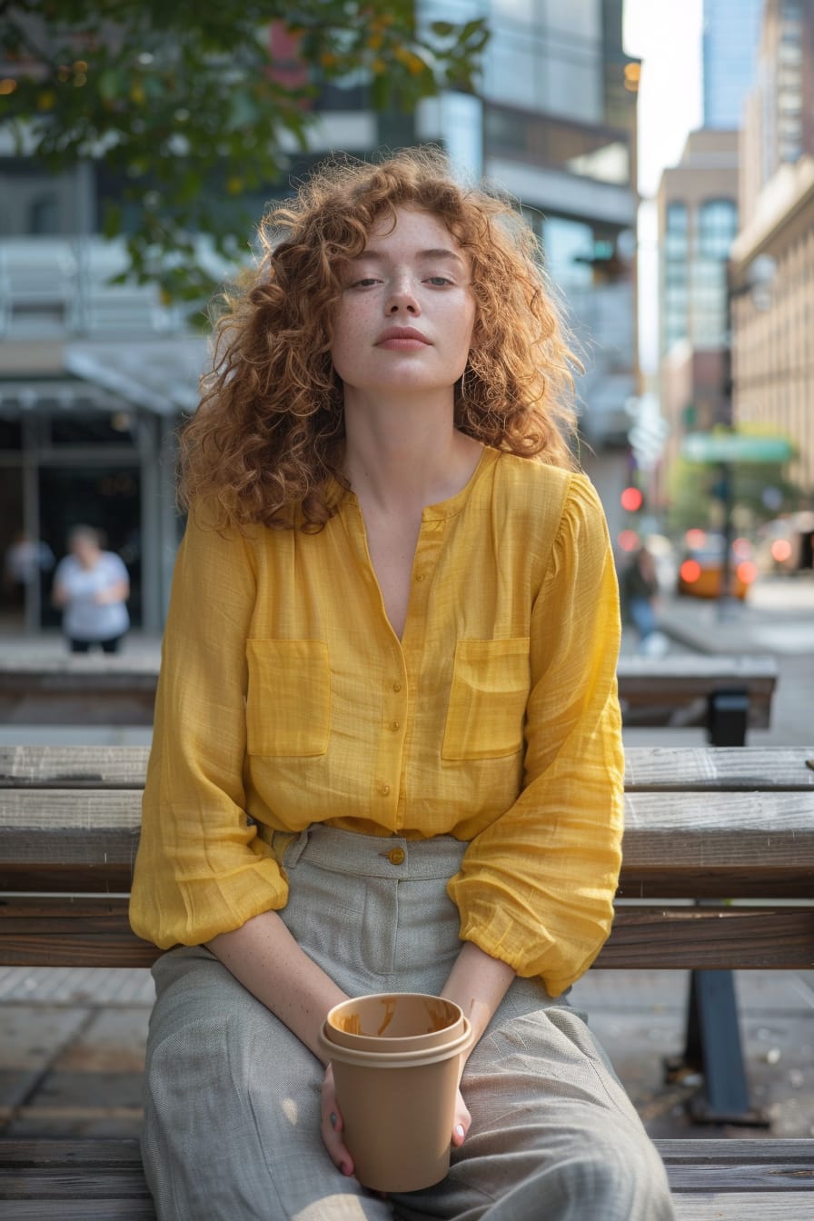 A full-length image of a young woman with curly red hair, wearing light gray linen pants and a lemon yellow blouse, sitting on a city bench with a coffee cup, early evening.