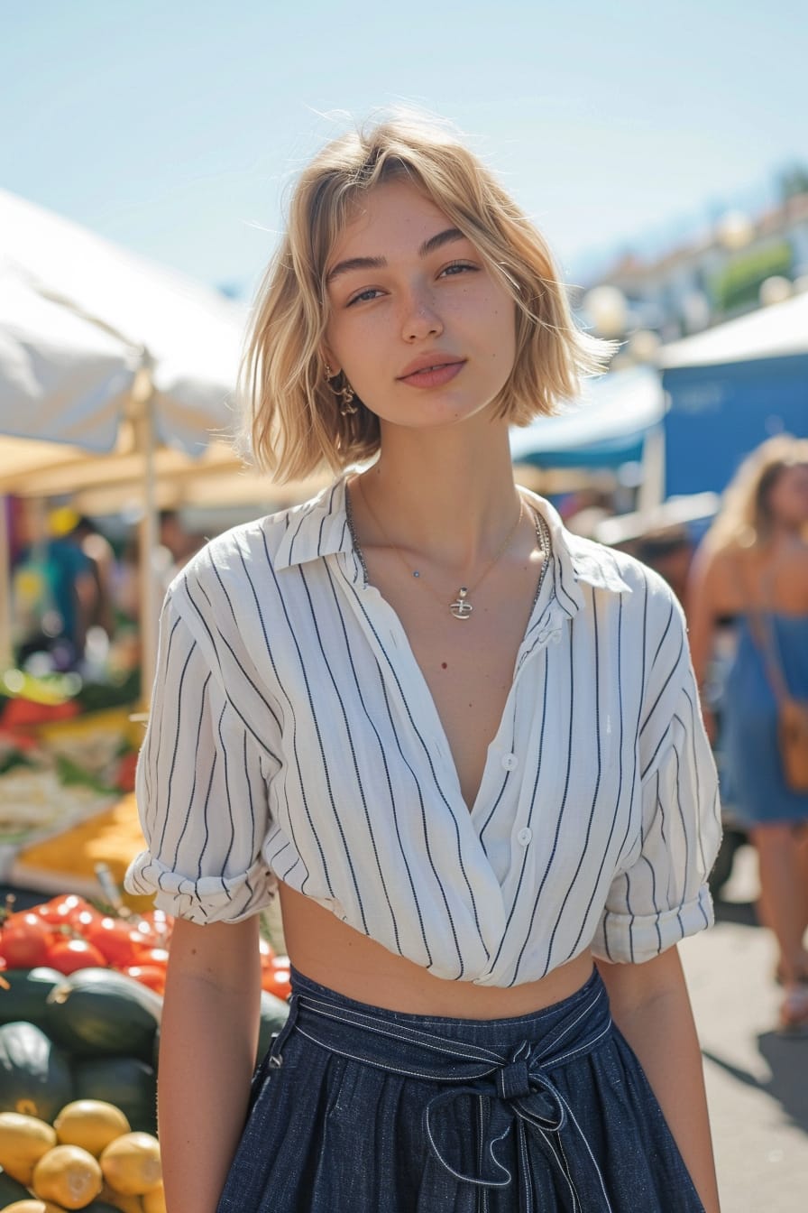  A full-length image of a young woman with short blonde hair, wearing wide-leg navy blue linen pants and a striped cotton shirt, browsing an outdoor market, bright midday sun.