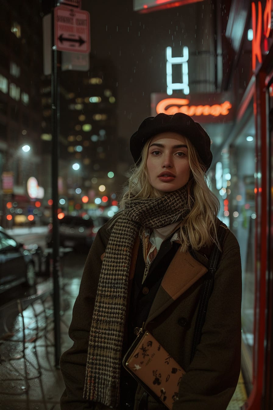 A full-length image of a young woman with medium-length blonde hair, wearing a black beret, a chunky scarf, and holding a clutch, standing on a city sidewalk at night, illuminated by the glow of nearby shop windows.