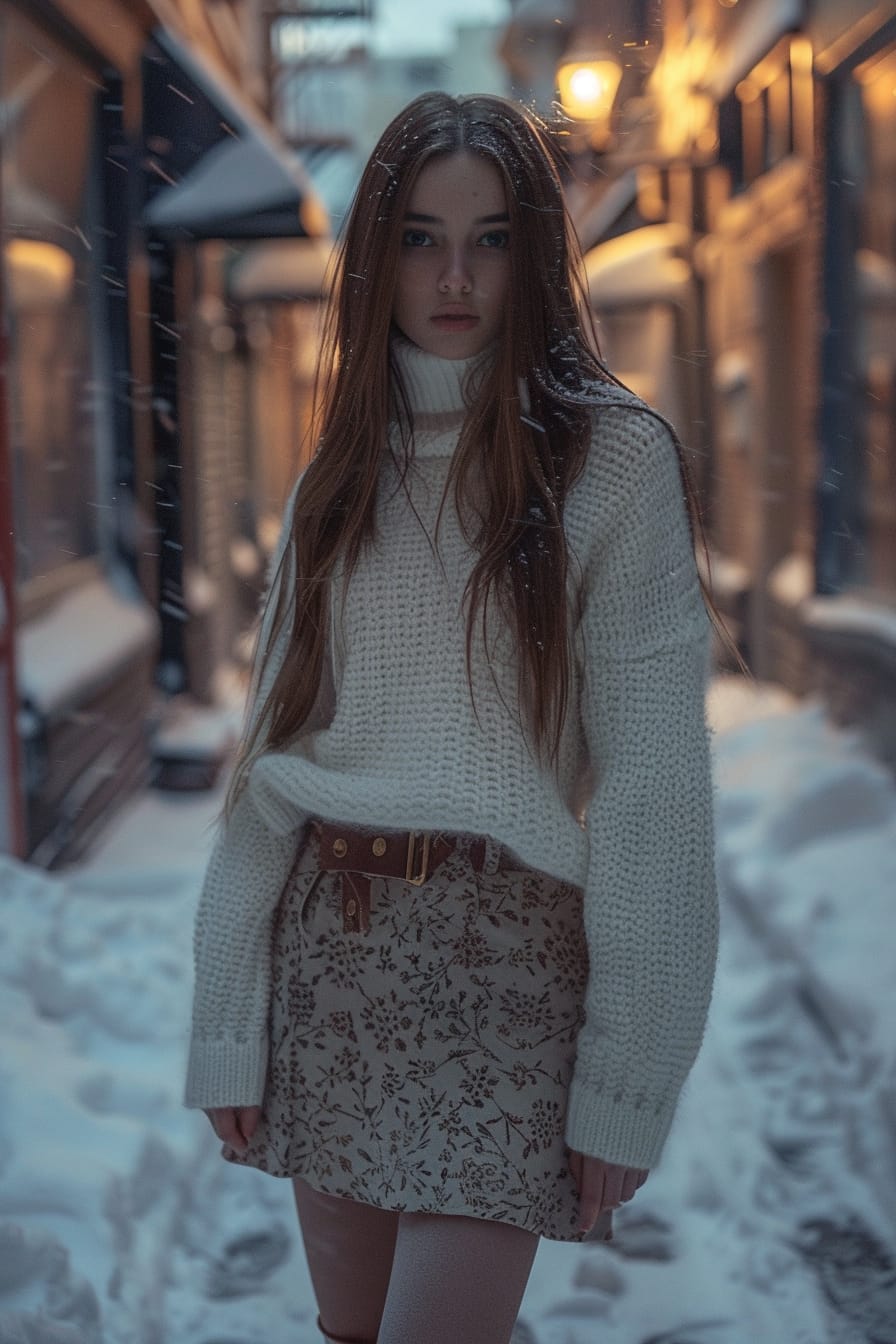 A full-length image of a young woman with long brown hair, wearing a thick, white turtleneck sweater, a midi skirt with a subtle floral pattern, and knee-high boots, standing in a cozy, snow-covered alleyway, early evening, soft light from nearby windows.