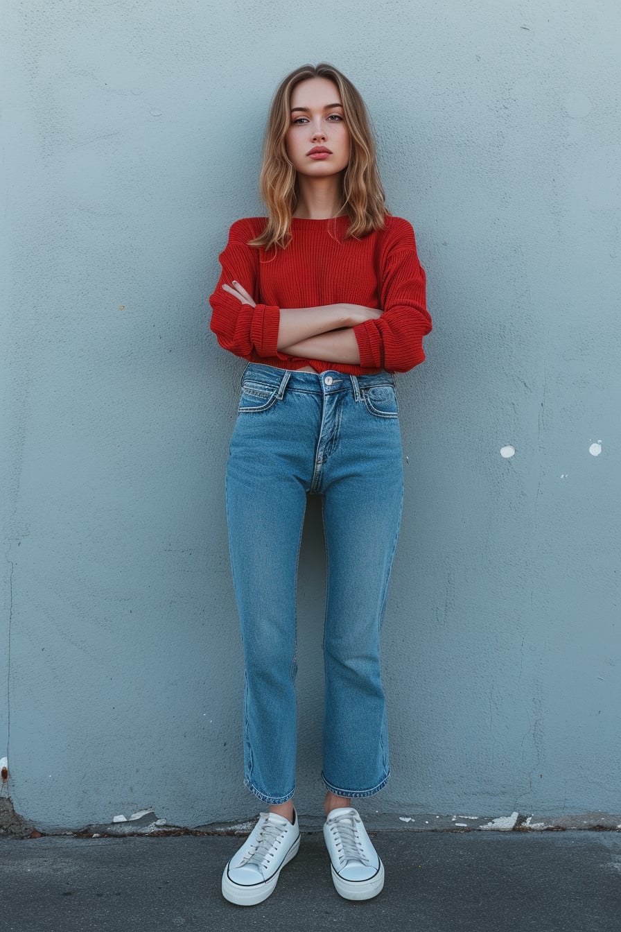  A full-length image of a young woman with light brown hair, standing confidently in a pair of white platform sneakers, casual blue jeans, and a vibrant red top, against a simple, urban background, late morning.