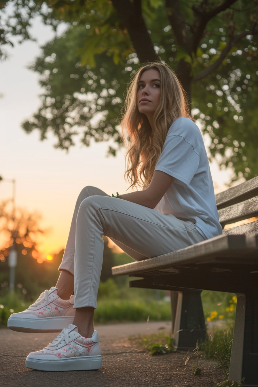  A side-view image of a young woman sitting on a park bench, her legs crossed, showcasing a pair of pastel pink platform sneakers with floral details, embodying the perfect marriage of comfort and style, with a serene park setting in the background, early evening.