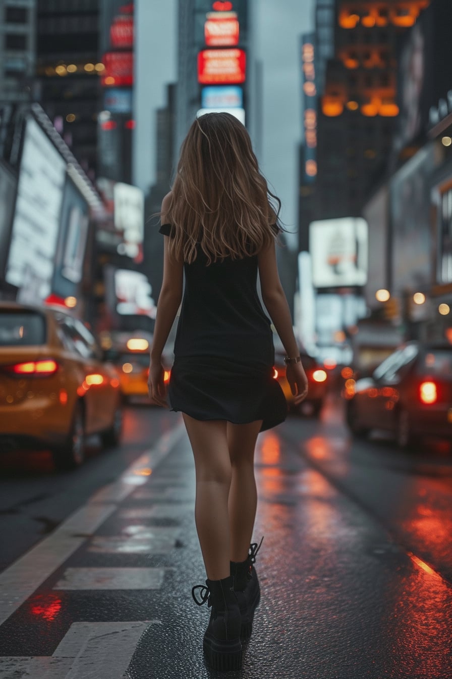  A young woman walking through a bustling city street at dusk, wearing sleek black platform sneakers, paired with a sophisticated black dress, capturing the essence of versatility, with the city lights beginning to twinkle in the background.