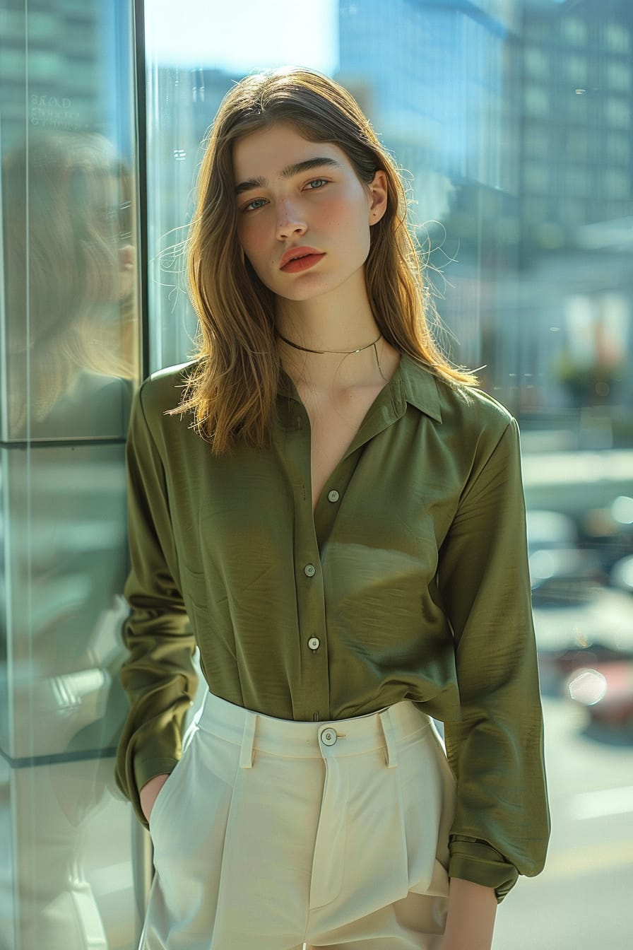  A full-length image of a young woman with sleek, straight hair, wearing a muted olive green silk blouse and high-waisted cream pants, casually leaning against a modern glass building, midday, the city's hustle and bustle reflected softly in the windows behind her.