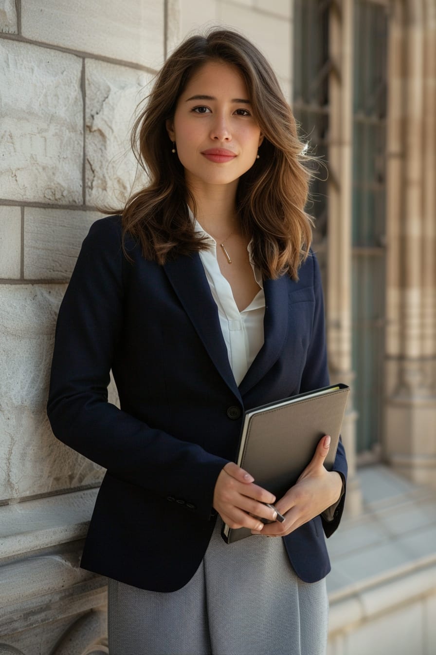  A full-length image of a young woman with dark, shoulder-length hair, wearing a classic, fitted navy blazer and light gray wool skirt, holding a leather-bound notebook, standing in front of an old stone library, morning, the city waking up in the background.
