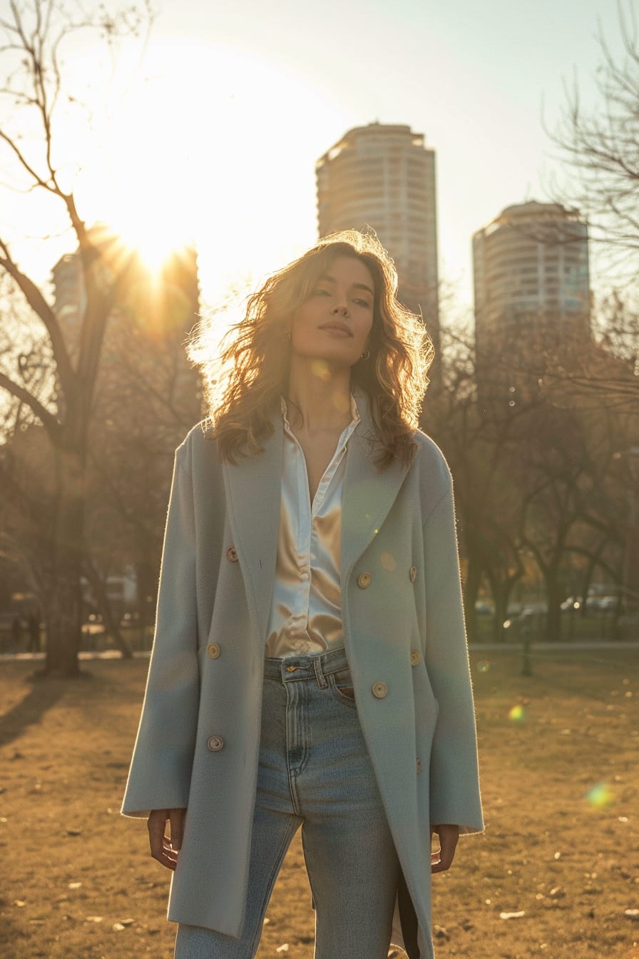  A full-length image of a young woman with gentle curls, wearing a soft, light blue wool coat over a white silk shirt and straight-leg denim jeans, walking through a city park, late afternoon, golden sunlight filtering through the trees.