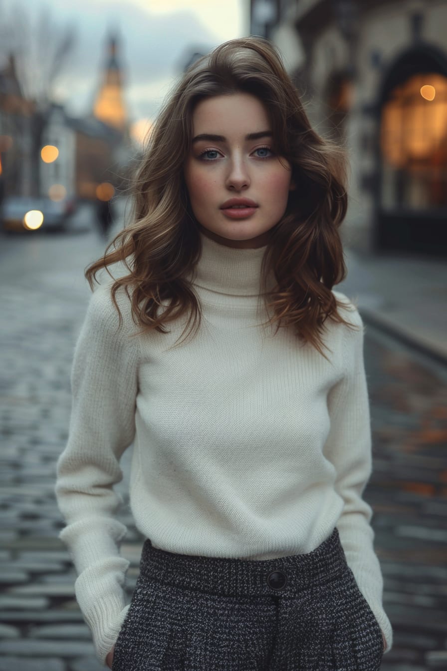  A full-length image of a young woman with soft, wavy brown hair, wearing a simple, elegant cream cashmere sweater and tailored dark gray trousers, standing on a cobblestone street, early evening, soft city lights in the background.