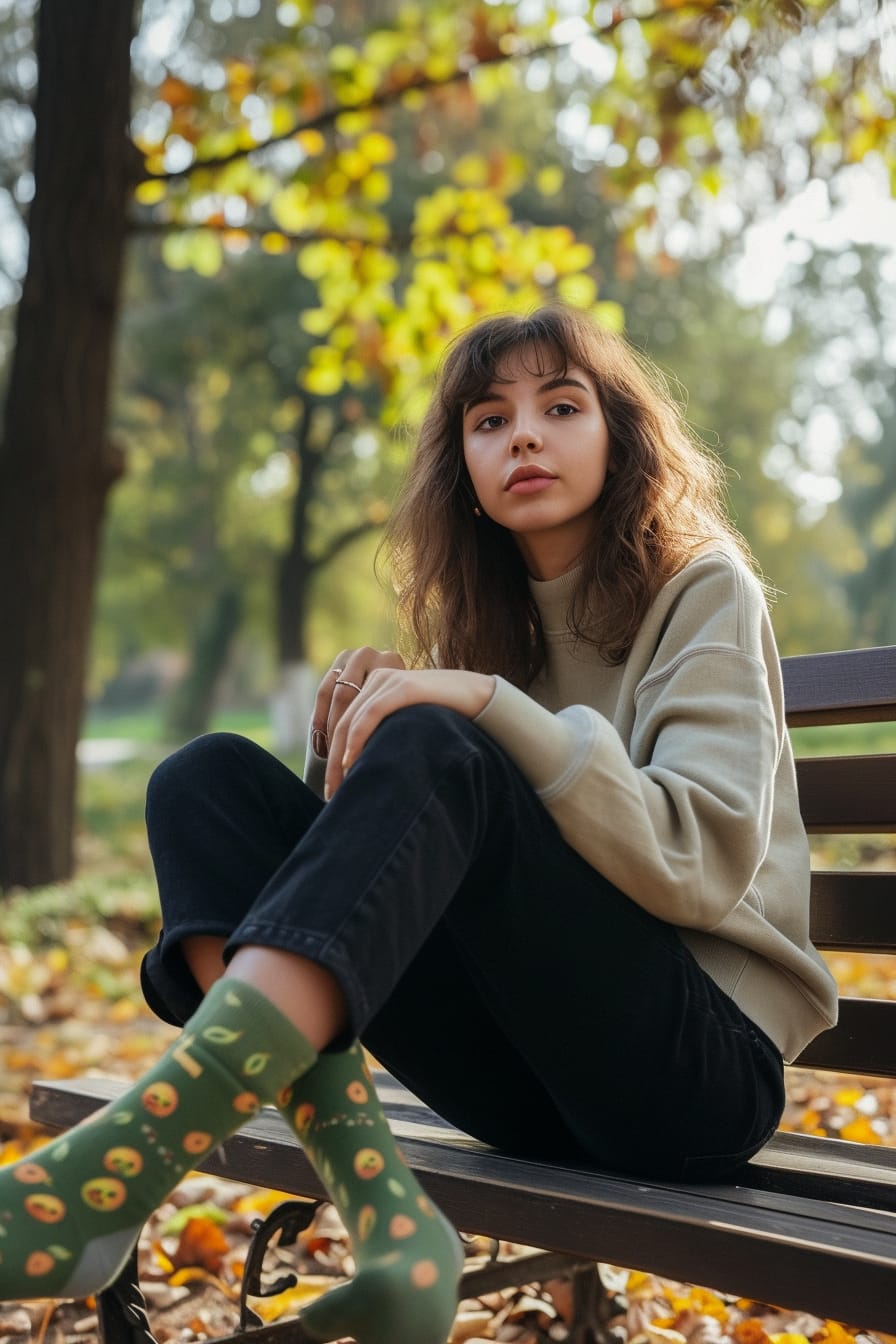 A young woman sitting on a park bench, legs crossed, showcasing socks with a playful avocado pattern, surrounded by greenery, early morning light.