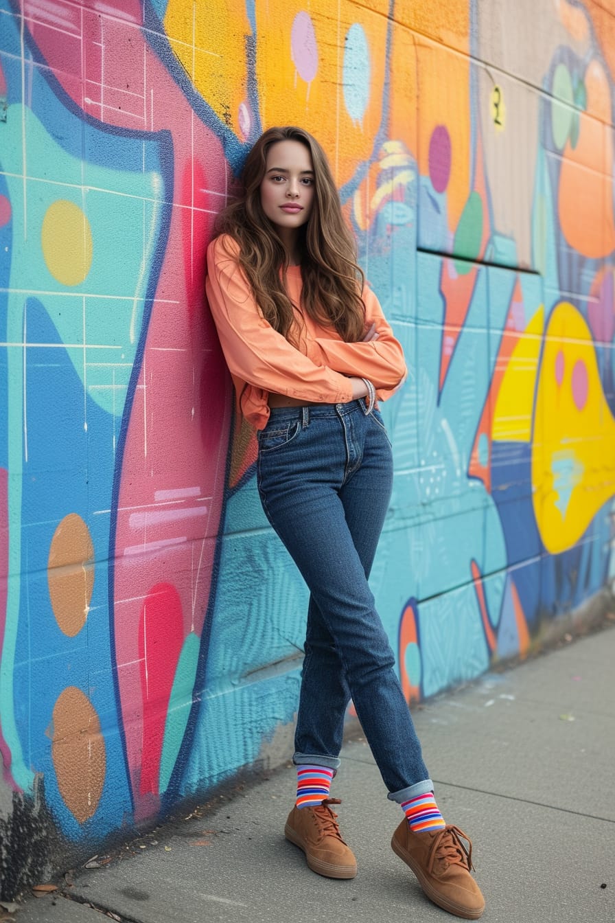  A young woman leaning against a colorful graffiti wall, casually dressed with jeans rolled up to reveal bright, eye-catching statement socks, vibrant and playful atmosphere, late afternoon.