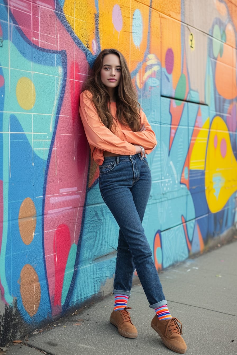A young woman leaning against a colorful graffiti wall, casually dressed with jeans rolled up to reveal bright, eye-catching statement socks, vibrant and playful atmosphere, late afternoon.