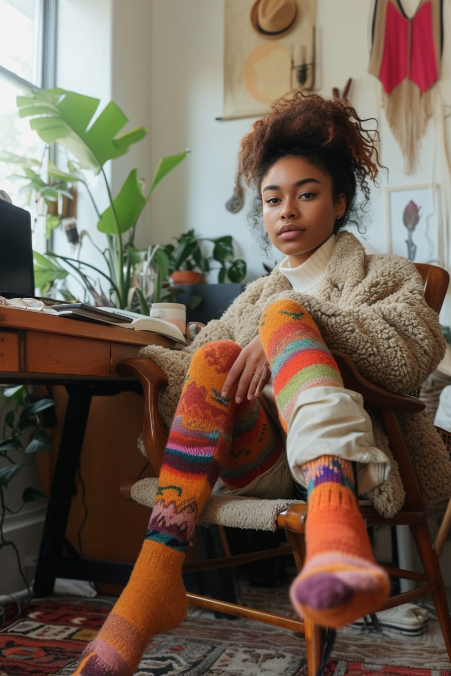 A young woman sitting at a home office desk, feet up on a chair, showcasing cozy, colorful statement socks, a relaxed and comfortable setting.