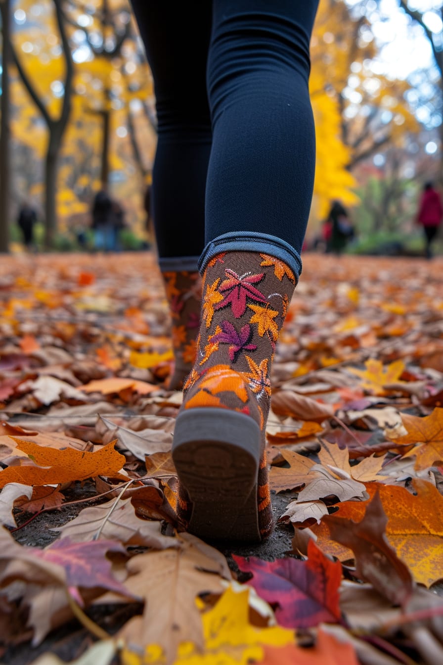 A young woman walking through a park filled with autumn leaves, wearing socks adorned with fall leaf patterns, a crisp fall day.