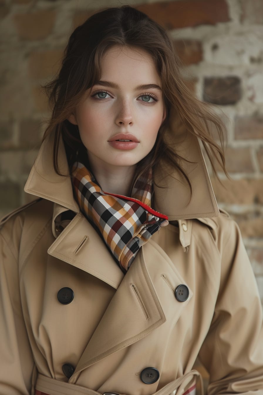 A close-up image of a young woman adjusting the belt of her beige Burberry trench coat, revealing the signature check lining, standing in front of an old brick wall, soft morning light.