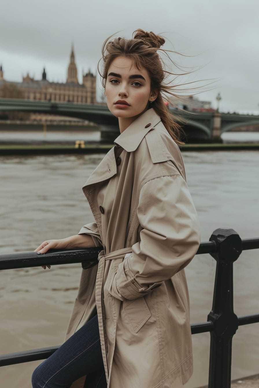 A young woman with her hair in a low bun, wearing a beige Burberry trench coat paired with dark denim jeans and white sneakers, leaning against a railing by the river Thames, cloudy afternoon.
