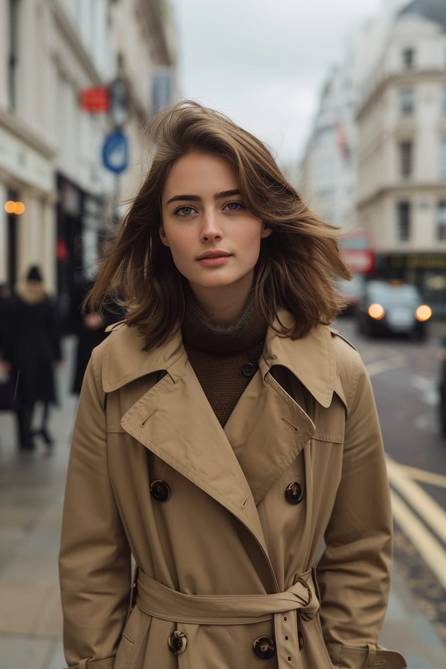  A young woman with medium-length brunette hair, wearing a classic beige Burberry trench coat, standing on a bustling London street, overcast sky, mid-morning.