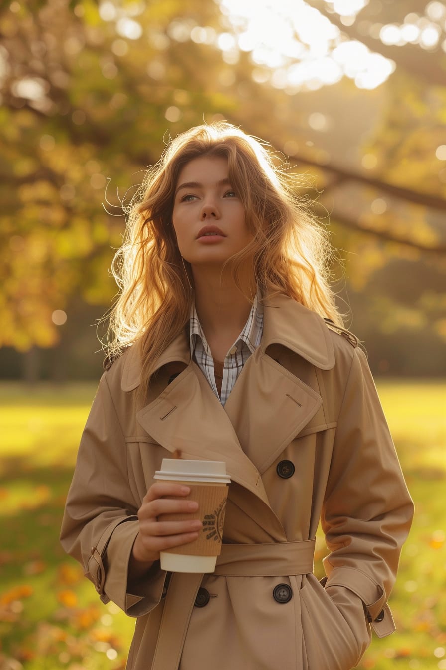 A young woman with wavy blonde hair, wearing a beige Burberry trench coat, holding a reusable coffee cup, walking through a green park, sunny afternoon.