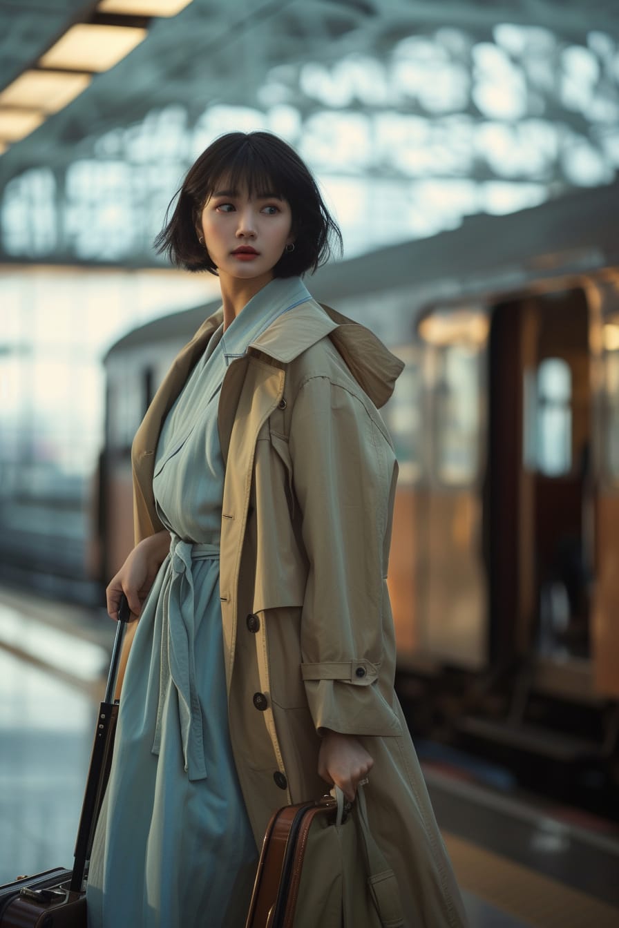 A young woman with short black hair, wearing a beige Burberry trench coat over a light blue dress, pulling a suitcase at a historic European train station, early evening.
