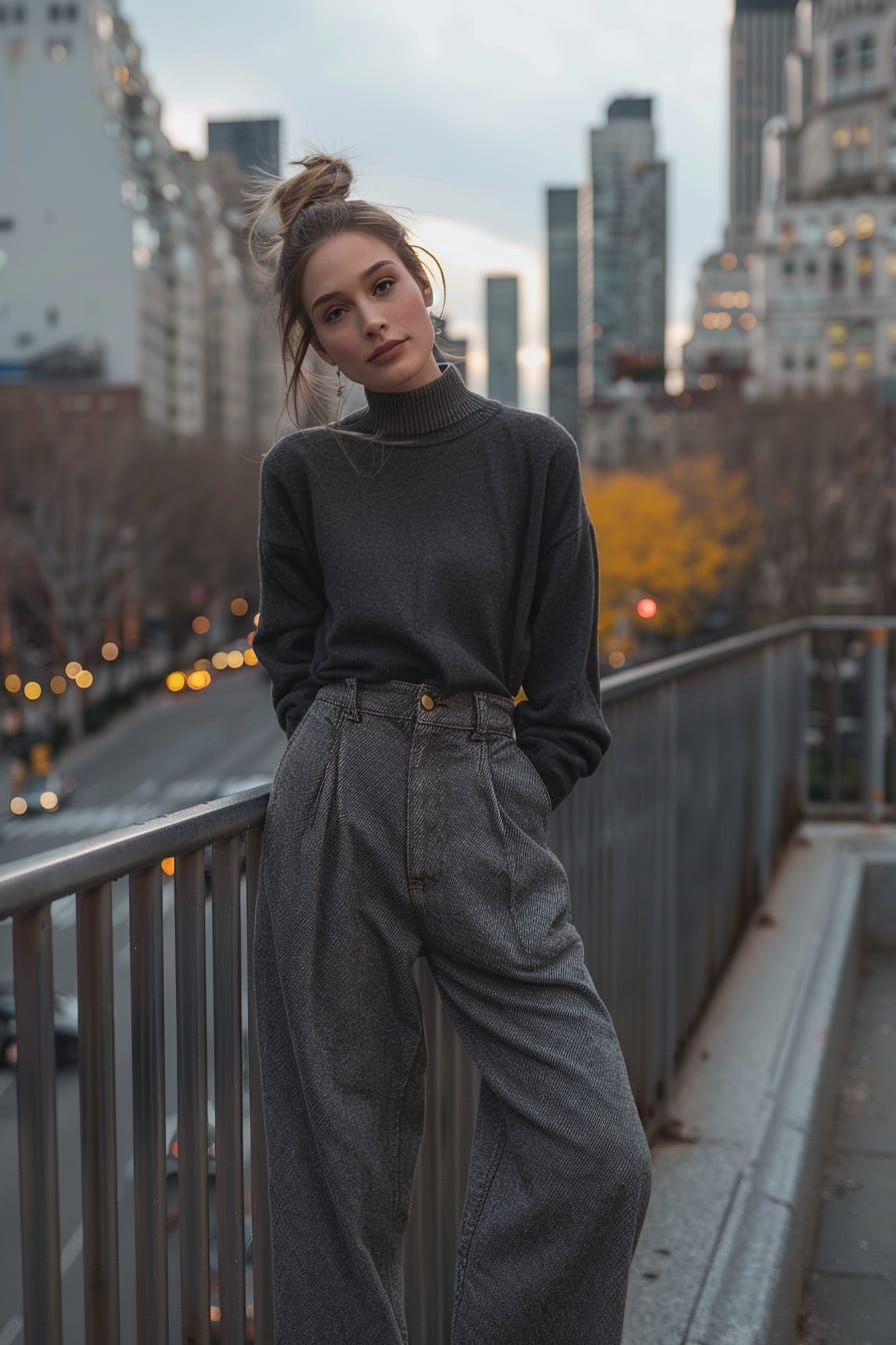  A full-length image of a young woman with light brown hair tied in a low bun, wearing charcoal grey wide-leg jeans and metallic gold loafers, leaning against a city railing, twilight.