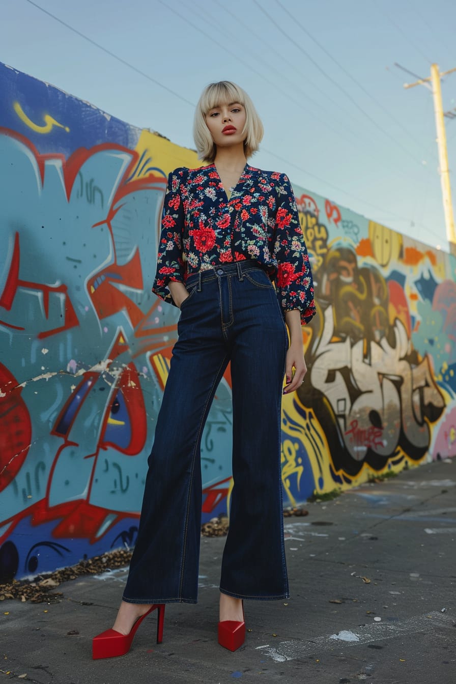  A full-length image of a young woman with short blonde hair, wearing dark blue wide-leg jeans and bold red block heels, standing in front of a graffiti-covered wall, early evening.