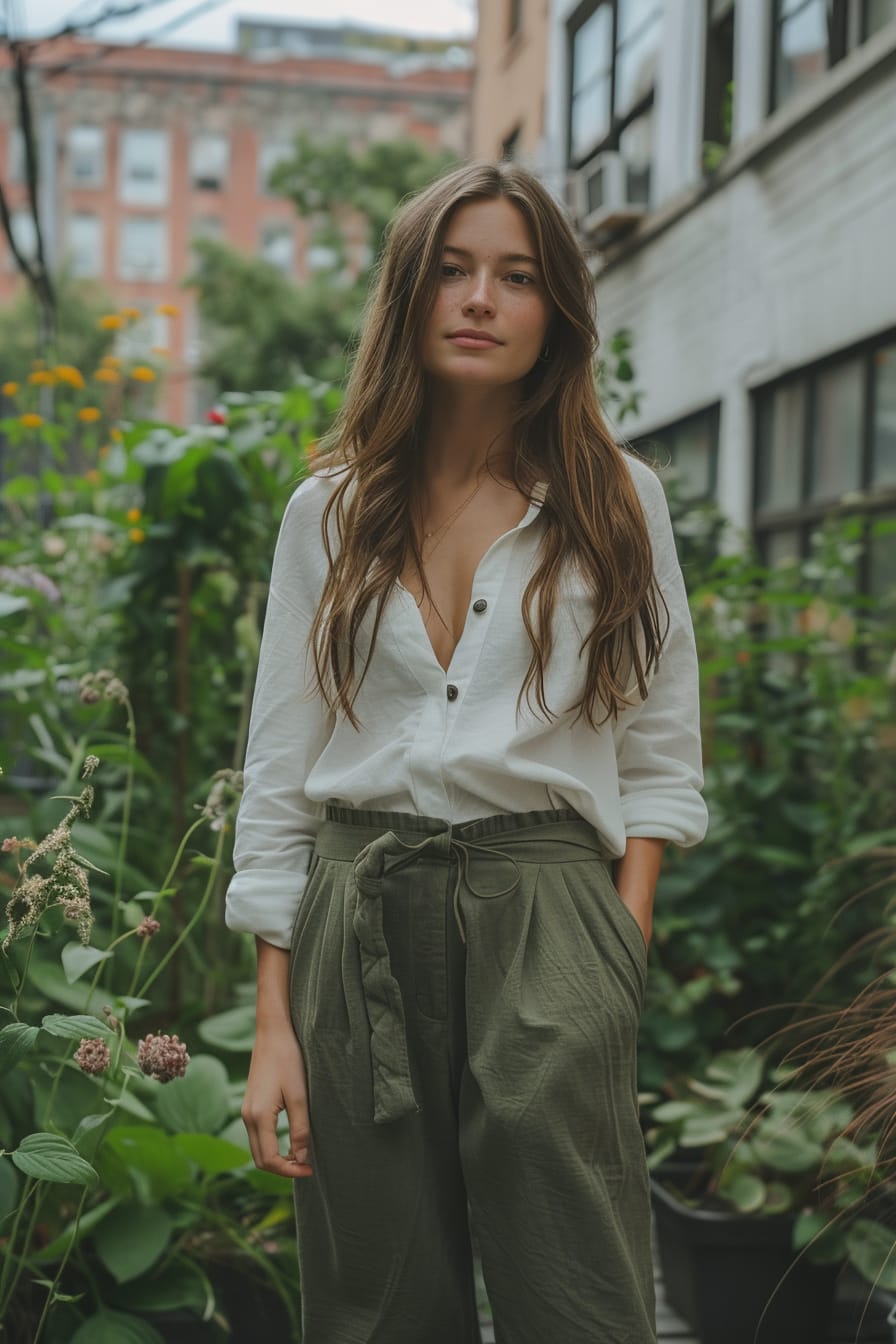 A full-length image of a young woman with long brown hair, wearing olive green wide-leg sweatpants made from sustainable fabric and a white eco-friendly blouse, standing in an urban garden, morning.