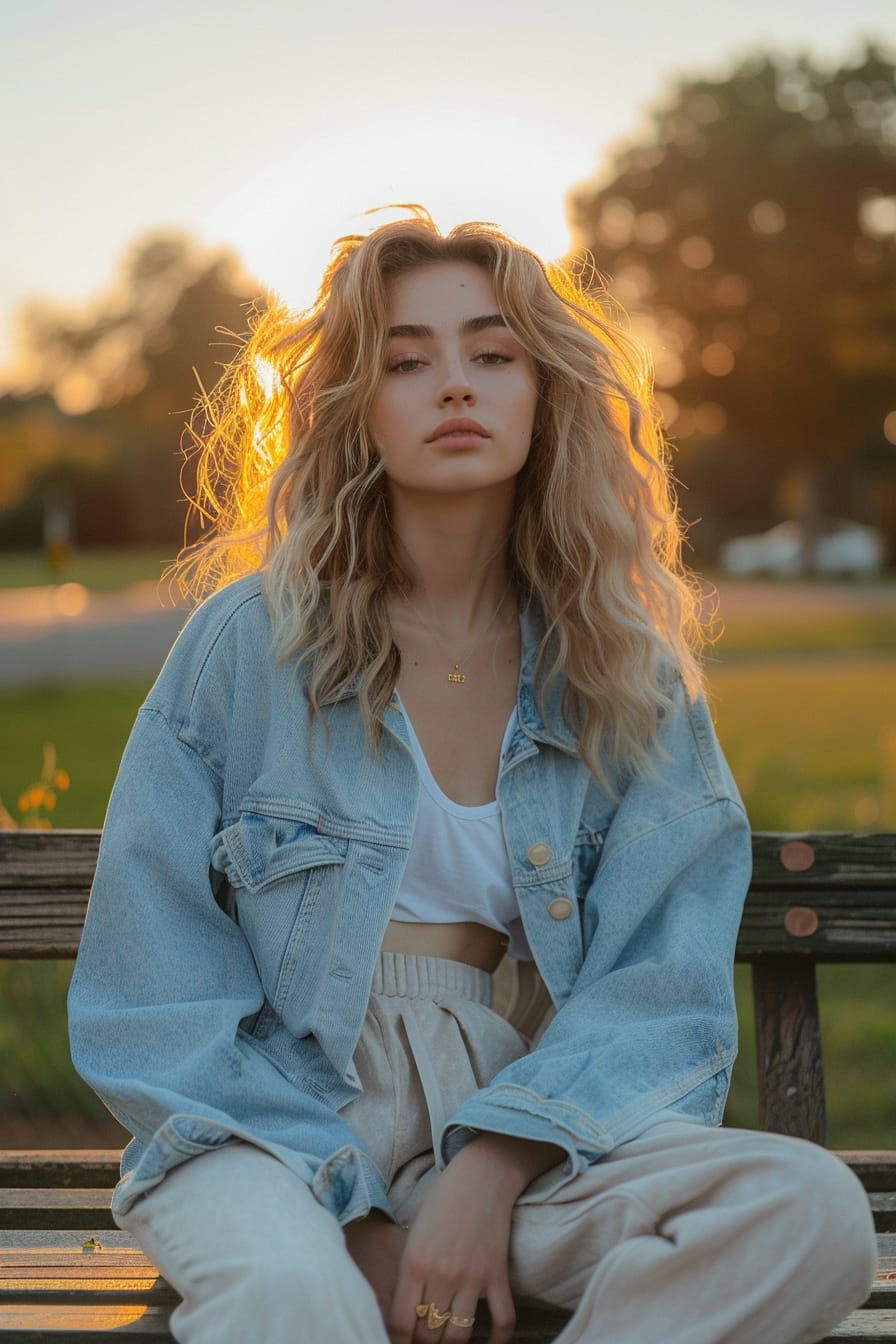 A full-length image of a young woman with curly blonde hair, wearing light beige wide-leg sweatpants and a denim jacket, sitting on a park bench, sunset.