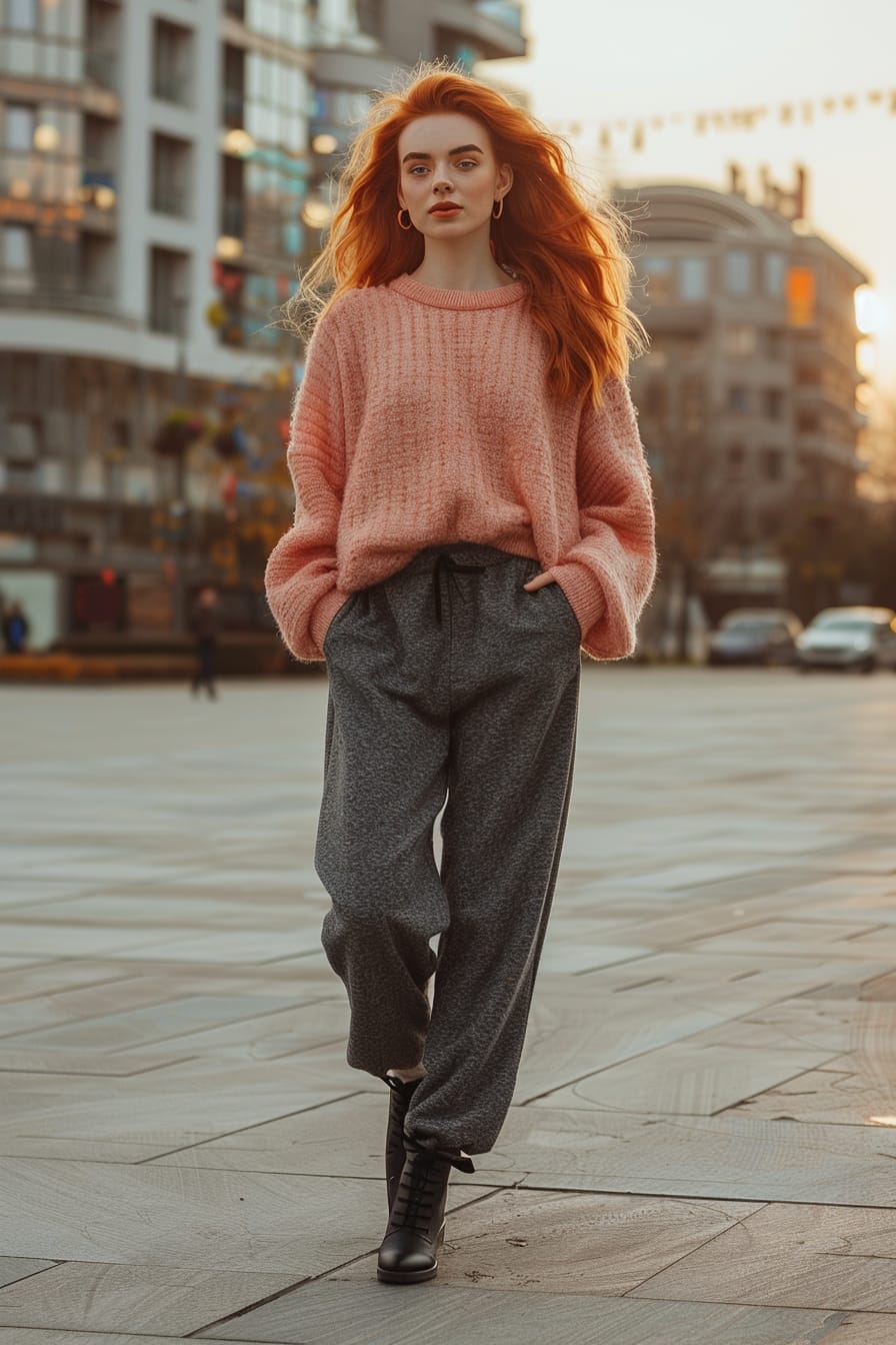  A full-length image of a young woman with red hair, wearing charcoal wide-leg sweatpants and a soft pink sweater, walking through a city square, late afternoon.