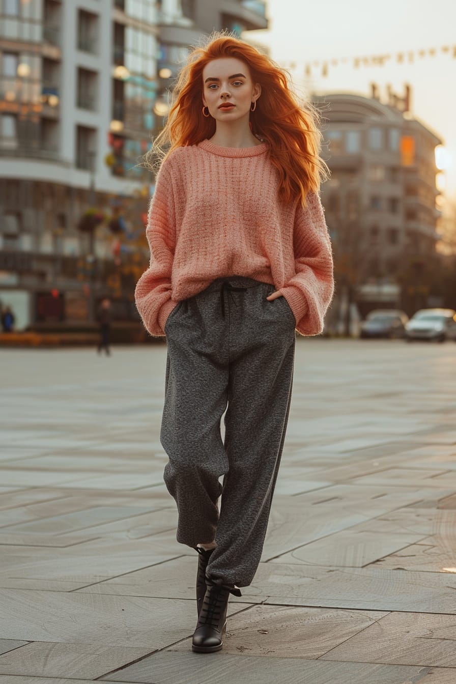 A full-length image of a young woman with red hair, wearing charcoal wide-leg sweatpants and a soft pink sweater, walking through a city square, late afternoon.