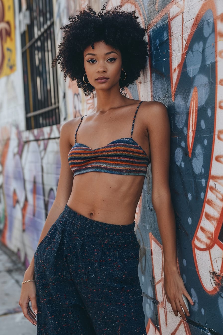  A full-length image of a young woman with short black hair, wearing navy blue wide-leg sweatpants and a striped crop top, leaning against a graffiti-covered wall, midday.