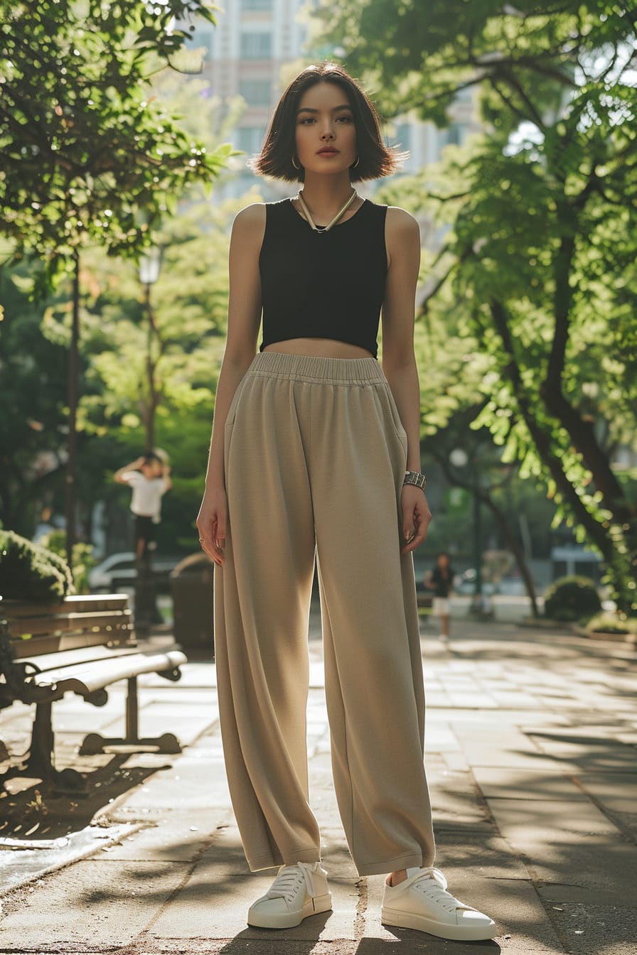  A full-length image of a stylish young woman with short black hair, wearing wide-leg sweatpants in a soft beige, paired with a black crop top and white sneakers, walking through a city park, midday, with sunlight filtering through the trees.