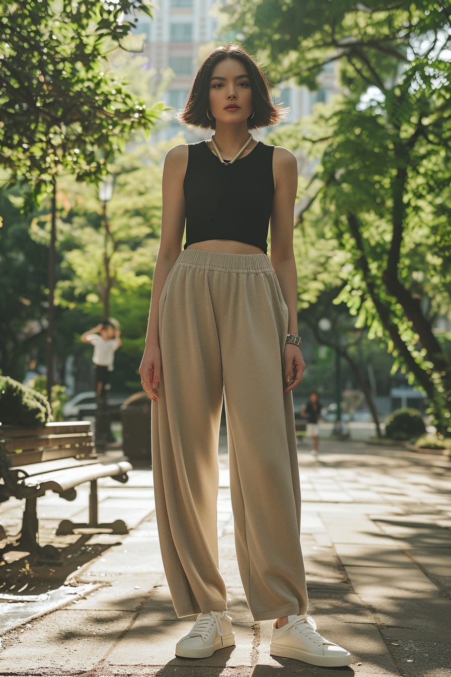 A full-length image of a stylish young woman with short black hair, wearing wide-leg sweatpants in a soft beige, paired with a black crop top and white sneakers, walking through a city park, midday, with sunlight filtering through the trees.