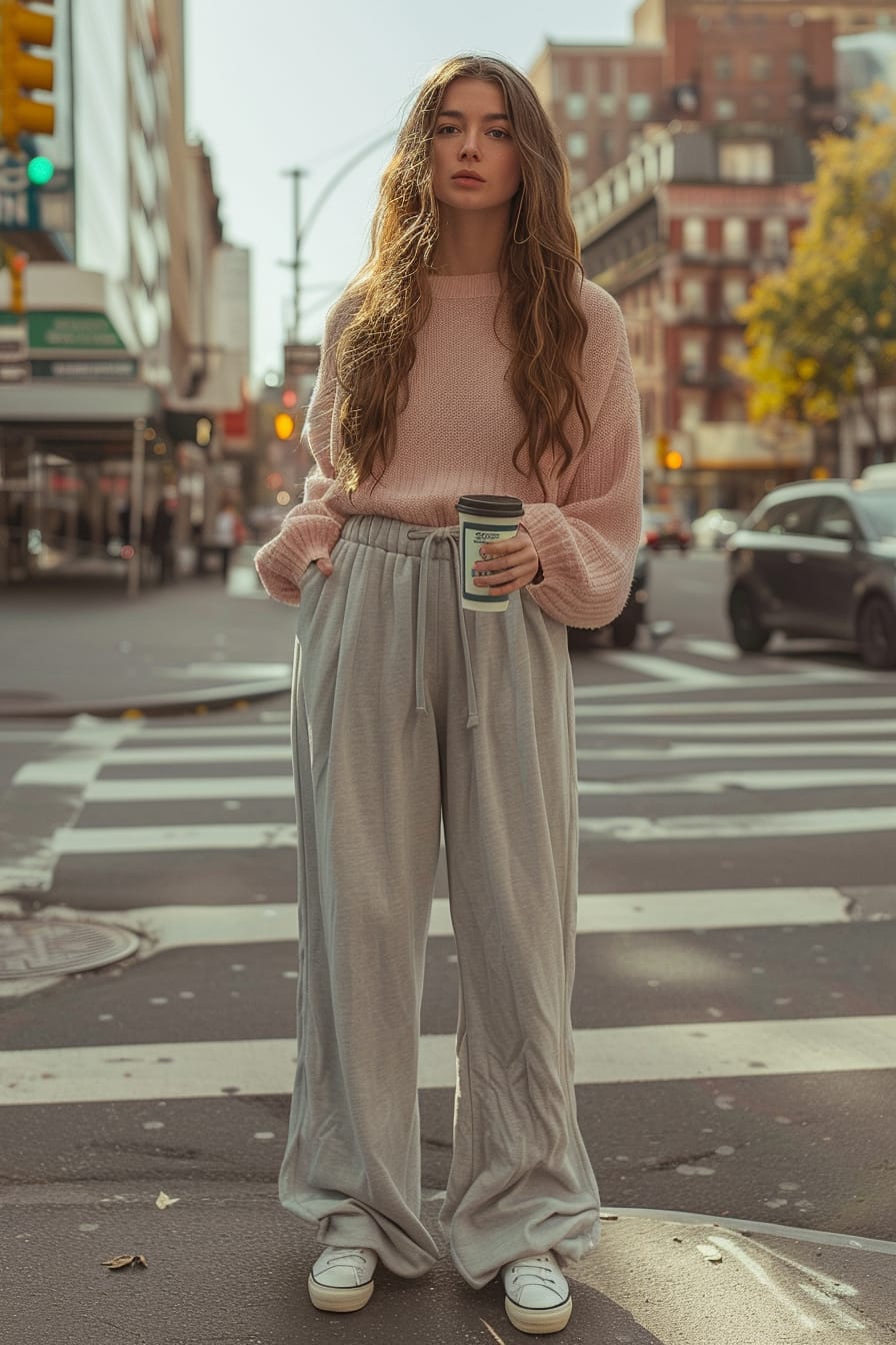  A full-length image of a young woman with long brown hair, wearing light gray wide-leg sweatpants and a pastel pink sweater, holding a reusable coffee cup, standing on a city street corner, morning light casting soft shadows.