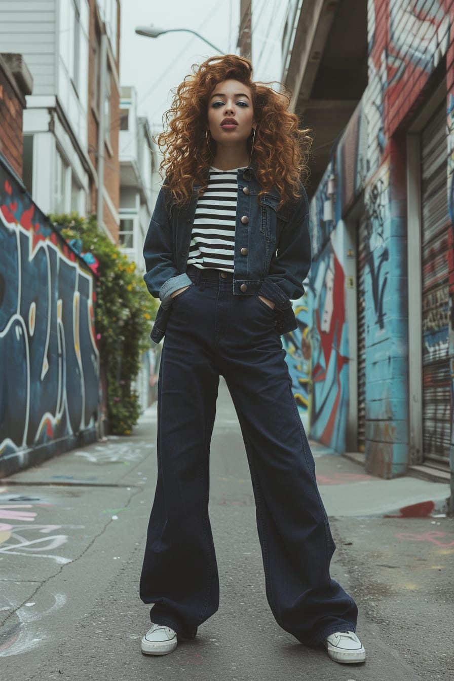 A full-length image of a young woman with curly red hair, wearing navy blue wide-leg sweatpants, a striped long-sleeve shirt, and a denim jacket, standing in front of a graffiti-covered wall in an urban alley, overcast day.