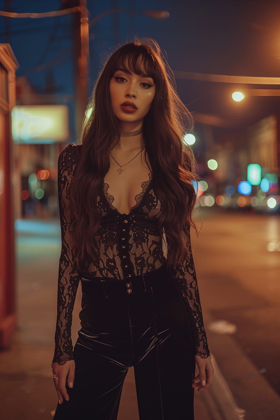 A full-length image of a young woman with long, dark hair, wearing a black lace bodysuit, paired with high-waisted satin pants, standing on a city street at night, streetlights casting a soft glow.