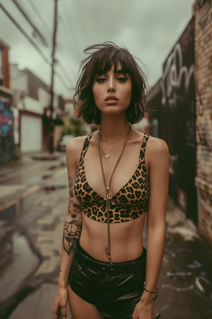  A full-length image of a young woman with short black hair, wearing a leopard print bodysuit, paired with a black leather skirt, standing in an urban alley, overcast afternoon.