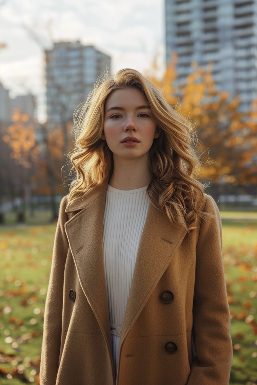 A full-length image of a young woman with wavy blonde hair, wearing a white ribbed bodysuit, layered under a camel coat, walking through a city park, soft morning light.