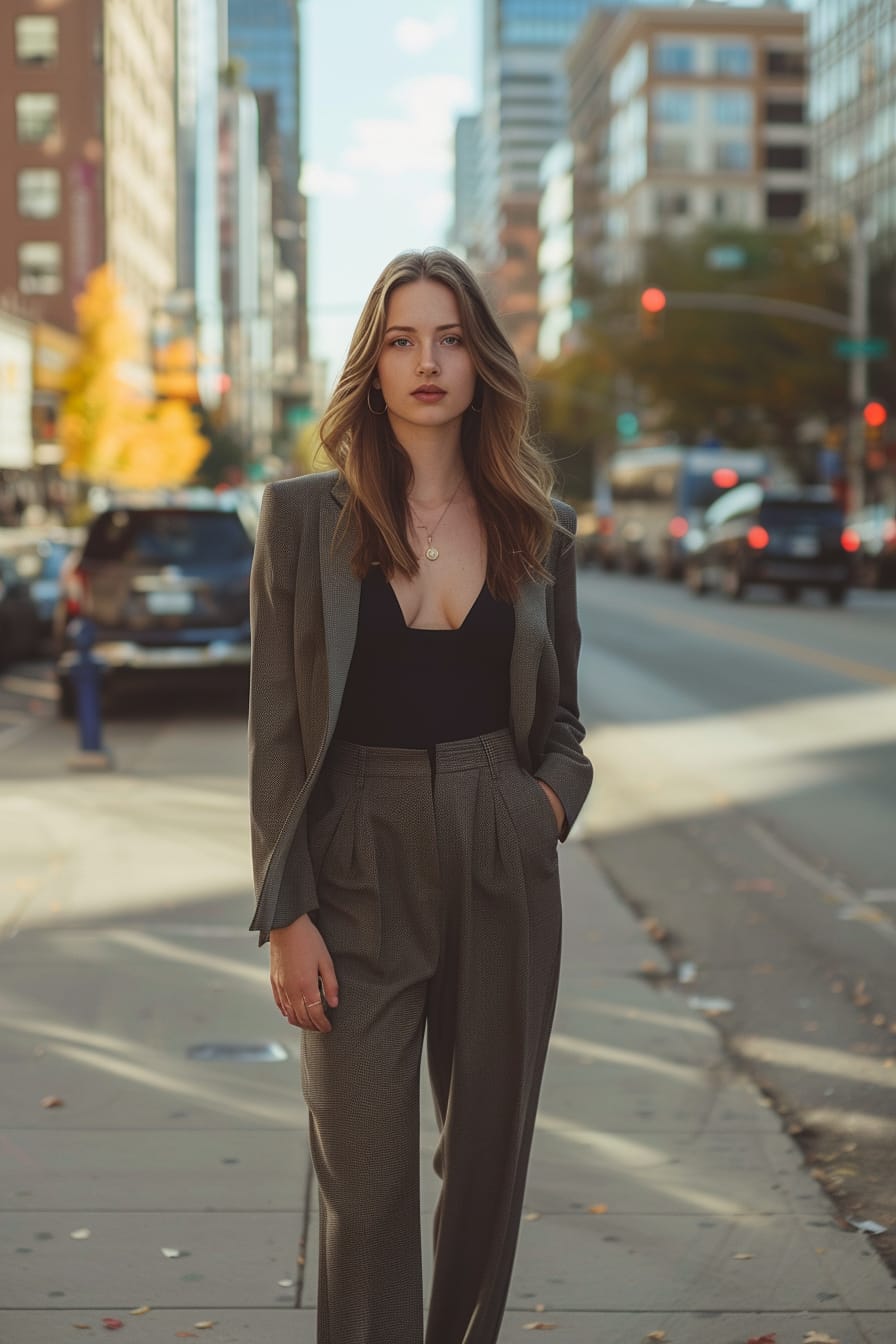 A full-length image of a young woman with sleek brown hair, wearing a navy blue bodysuit, paired with gray high-waisted trousers and a matching blazer, standing on a busy city sidewalk, late afternoon light.