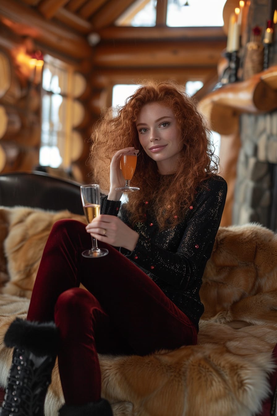  A full-length image of a glamorous young woman with curly red hair, wearing a black sequined sweater, dark red velvet leggings, and black fur-lined boots, holding a glass of champagne, in a luxurious ski lodge, evening.