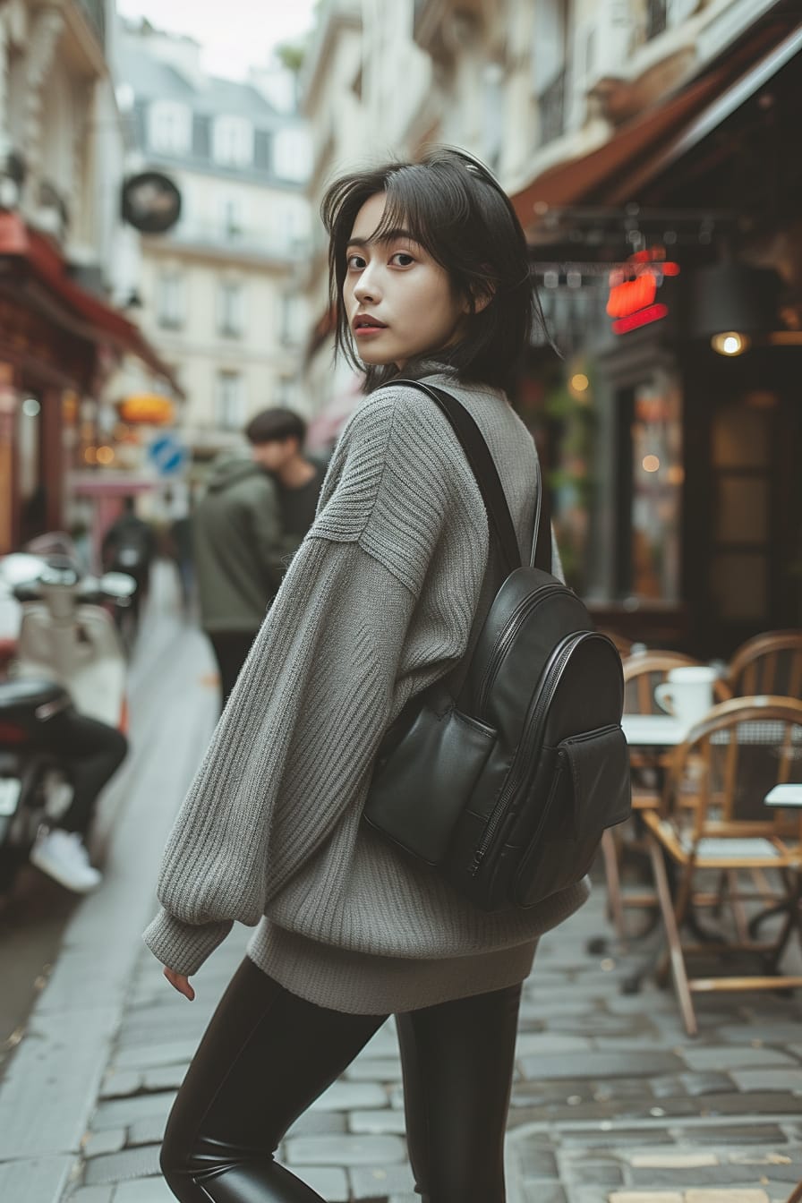  A full-length image of a stylish young woman with short black hair, wearing a gray oversized sweater, black leather leggings, and white sneakers, carrying a small black backpack, walking down a bustling city street lined with cafes, late afternoon.
