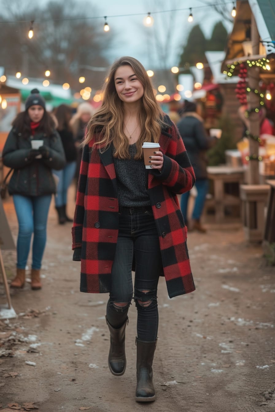  A full-length image of a joyful young woman with medium-length light brown hair, wearing a red and black plaid wool coat, black skinny jeans, and black leather ankle boots, holding a hot cocoa, wandering through a lively outdoor winter market, dusk.
