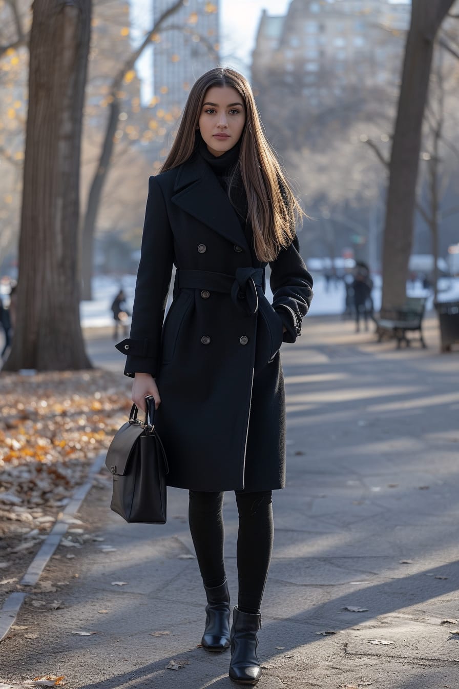  A full-length image of a young woman with long, straight brown hair, wearing a black wool coat, carrying a structured leather handbag, and black ankle boots, walking through a city park, winter afternoon.