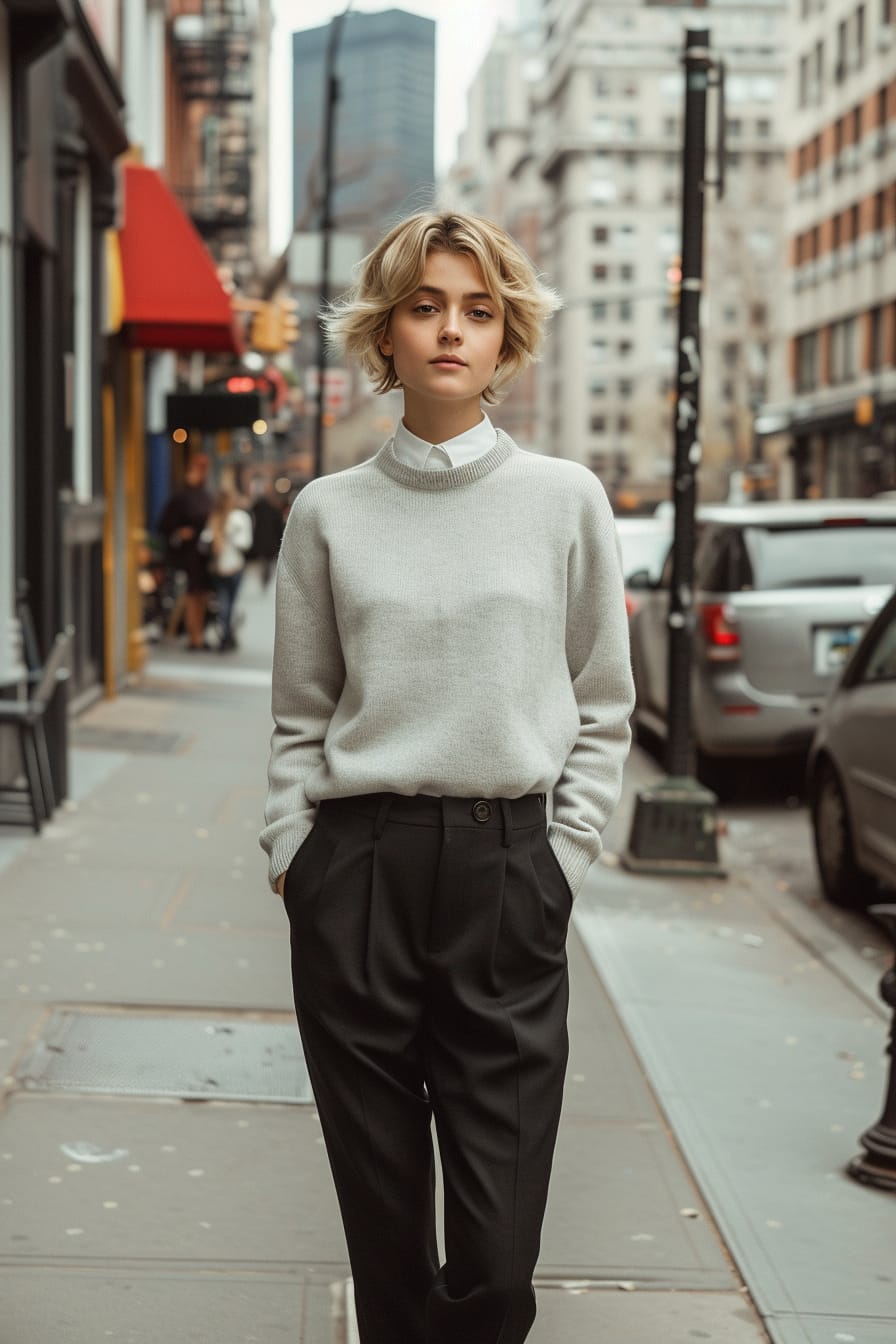  A full-length image of a young woman with short blonde hair, wearing a light grey cashmere sweater layered over a crisp white shirt, paired with black trousers, on a bustling city sidewalk, midday.