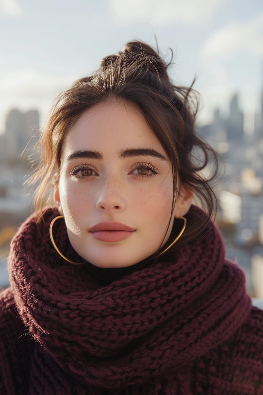  A close-up image of a young woman with dark hair pulled back, showcasing gold hoop earrings and a chunky knit scarf in burgundy, blurred cityscape in the background, late afternoon.