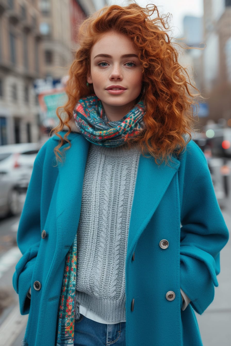  A full-length image of a young woman with curly red hair, wearing a bright blue wool coat over a grey sweater and jeans, holding a patterned scarf, on a city street corner, cloudy winter day.