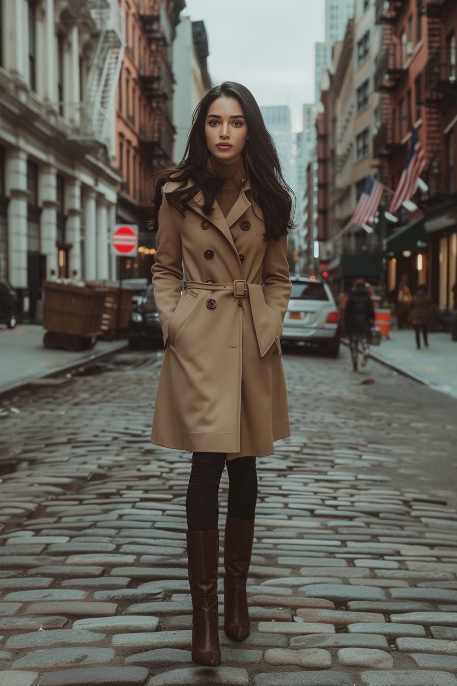  A full-length image of a young woman with medium-length black hair, wearing a beige trench coat, dark leggings, and brown knee-high leather boots, crossing a cobblestone street, city buildings in the background, late afternoon.